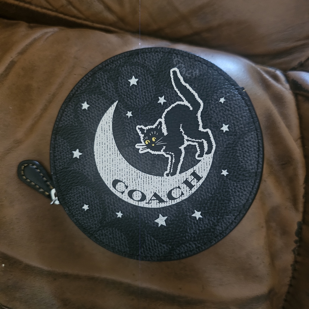 Coach Black Round Coin Purse with Cat and Moon Design